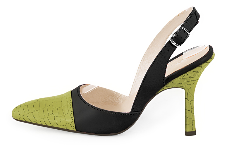 Pistachio green and satin black women's slingback shoes. Tapered toe. Very high spool heels. Profile view - Florence KOOIJMAN